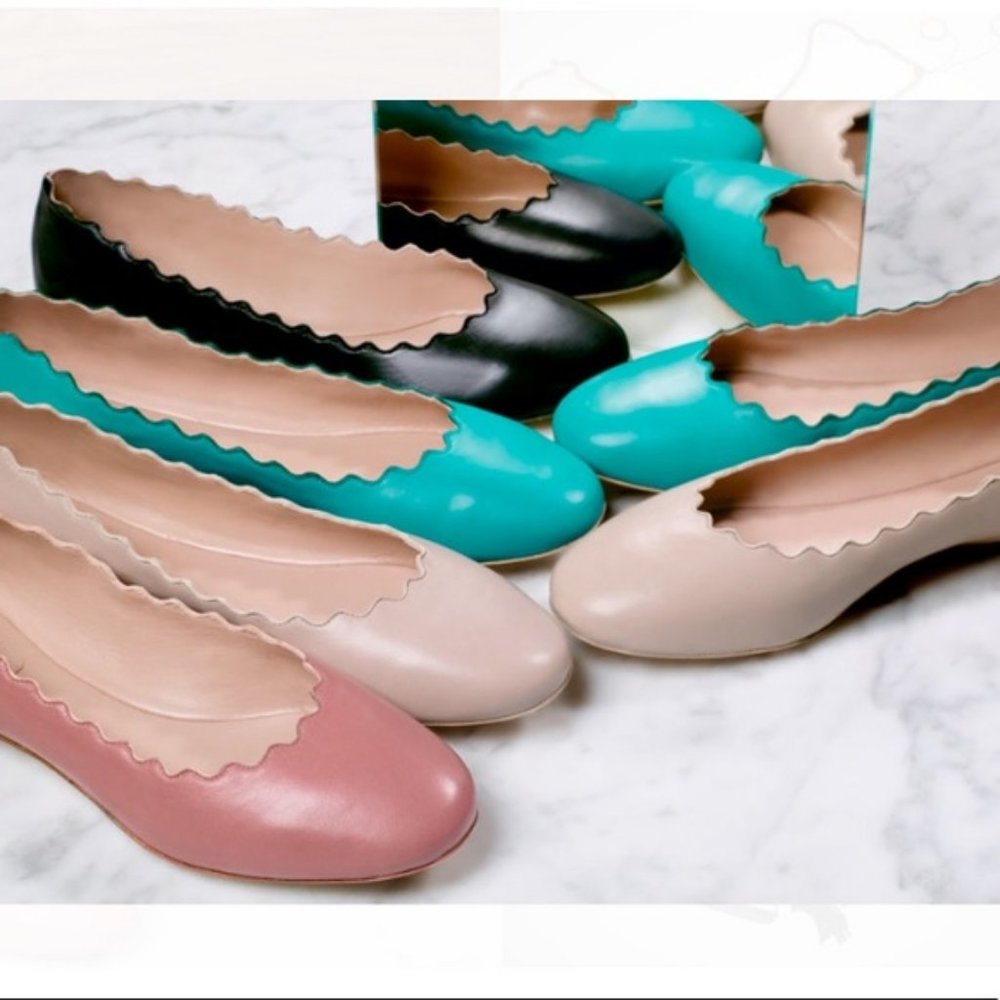REDUCED Chloe Lauren Scalloped Leather Ballet Flats Turquoise Leather Shoes 37 7